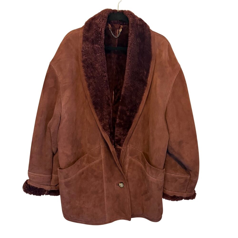Vintage Confezioni Marco Shearling Coat 46 Brown Suede Leather Fur Winter ITALY
